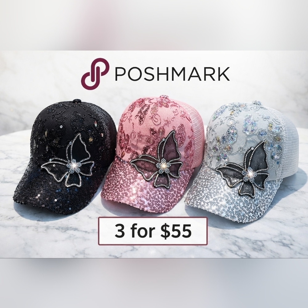 3 Bling Sequin Butterfly Trucker Hat Rhinestone Sparkle Cap Pink Black Silver